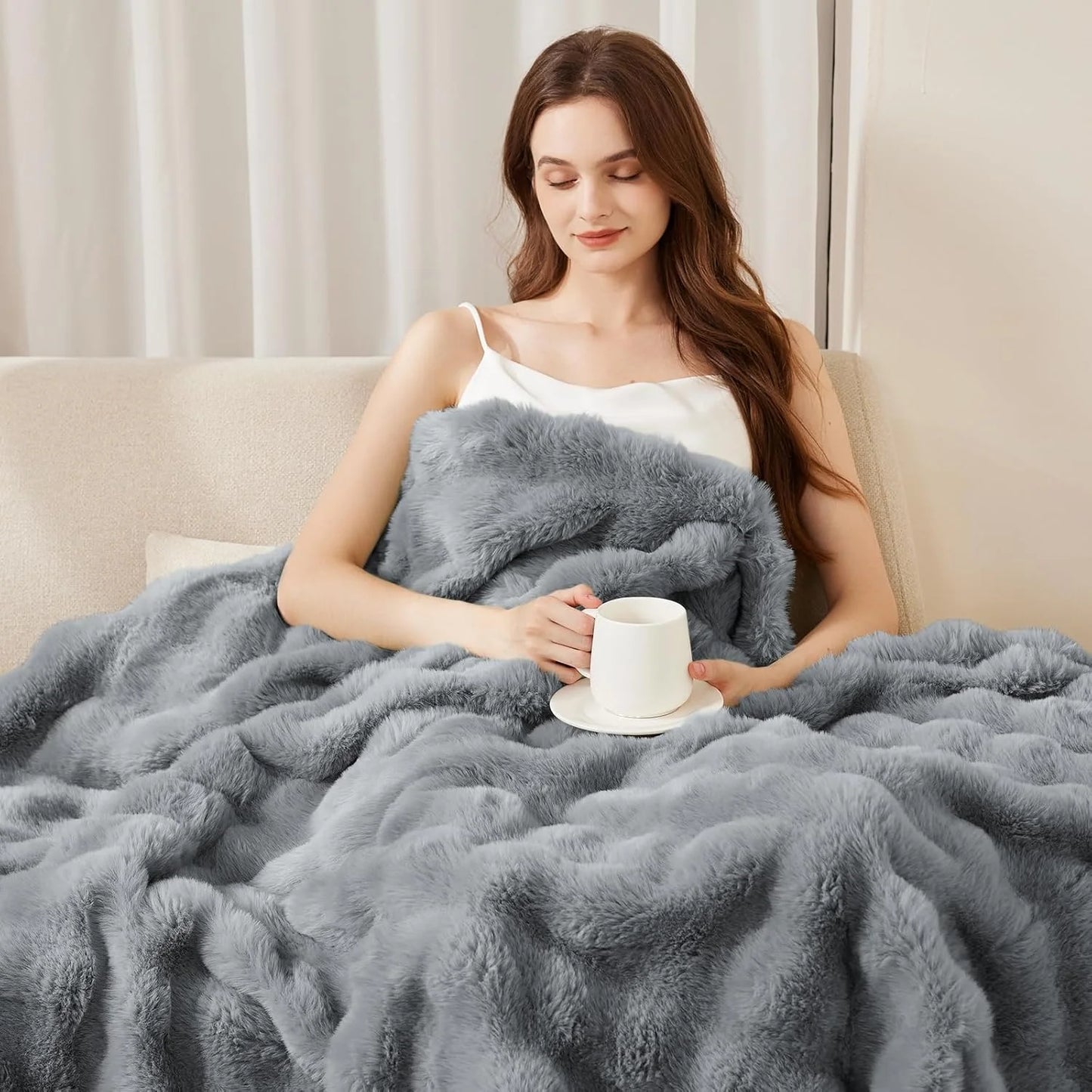 Soft Cozy Faux Fur Rabbit Blanket, Warm Thick for Bed Sofa Office, Elegant Home Decor, Perfect Gift, Durable and Versatile