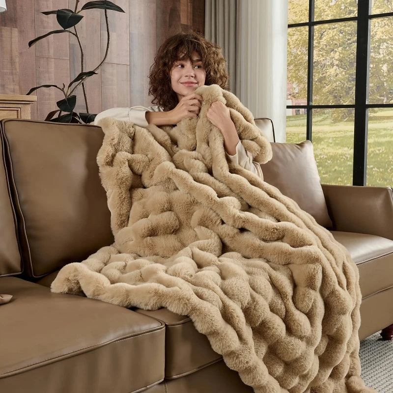 Soft Cozy Faux Fur Rabbit Blanket, Warm Thick for Bed Sofa Office, Elegant Home Decor, Perfect Gift, Durable and Versatile
