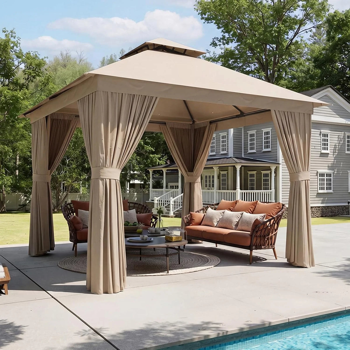 Aoxun Heavy Duty Double Roof Gazebo With Zipper Screen Curtain