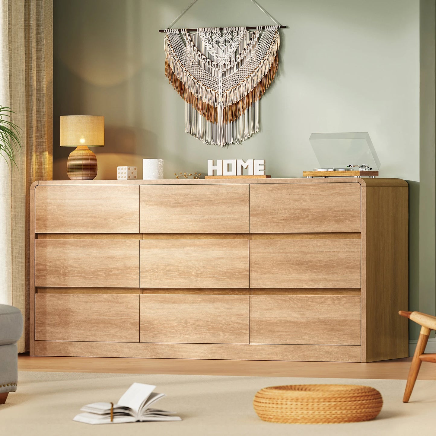 9 Drawer Dresser for Bedroom, 63" Wide Dressers & Chest of Drawers with Curved Profile Design, Wood Closet Storage Dressers Orga