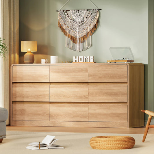 9 Drawer Dresser for Bedroom, 63" Wide Dressers & Chest of Drawers with Curved Profile Design, Wood Closet Storage Dressers Orga