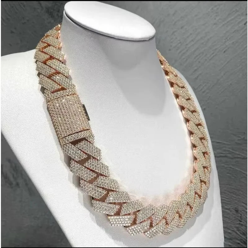15mm Prong-Set Miami Cuban Chain Necklace, Double-Row Diamond-Set Square Cuban Chain Collar Jewelry