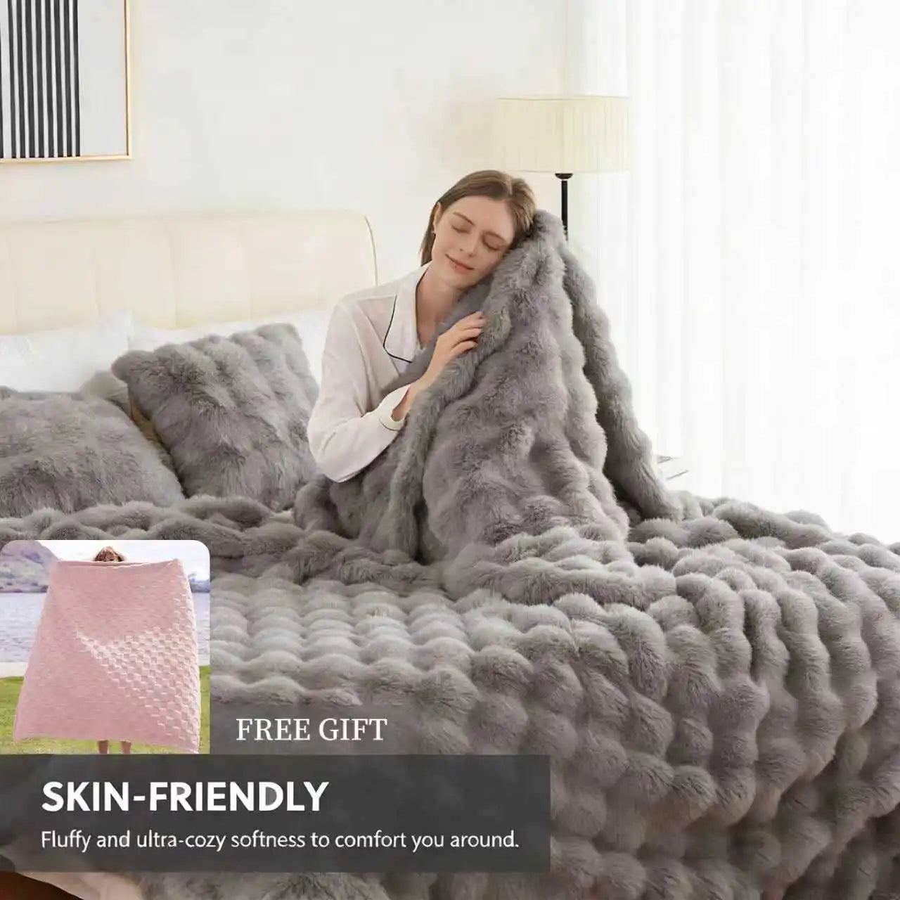 Soft Cozy Faux Fur Rabbit Blanket, Warm Thick for Bed Sofa Office, Elegant Home Decor, Perfect Gift, Durable and Versatile