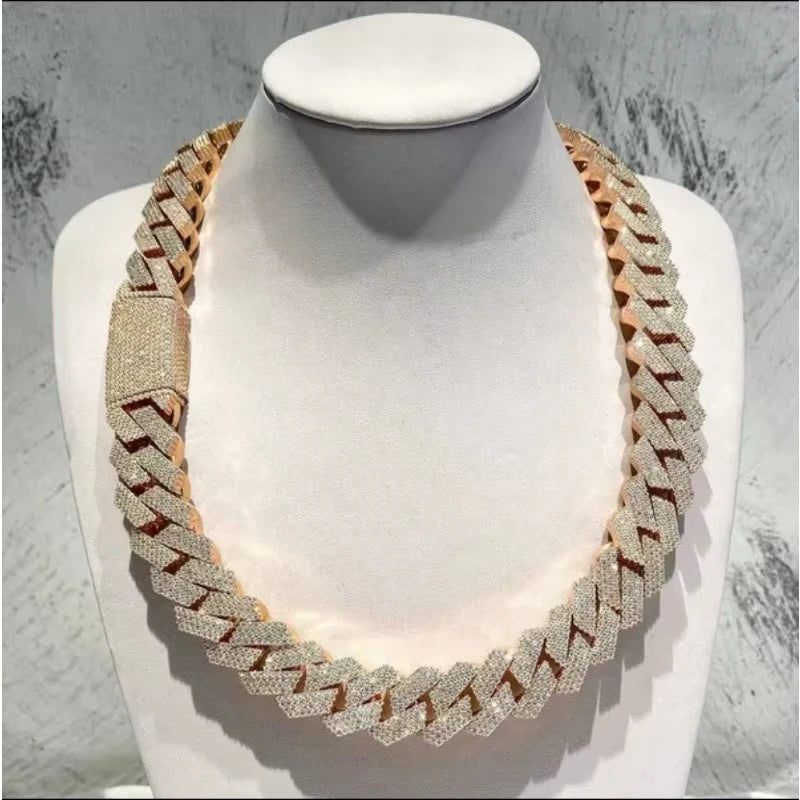 15mm Prong-Set Miami Cuban Chain Necklace, Double-Row Diamond-Set Square Cuban Chain Collar Jewelry