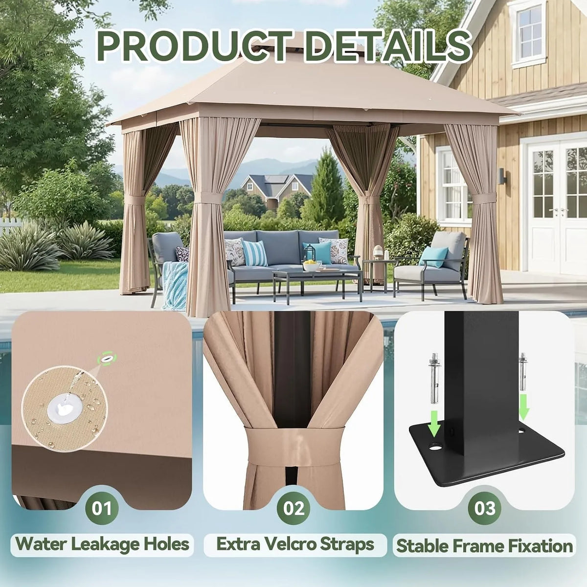 Aoxun Heavy Duty Double Roof Gazebo With Zipper Screen Curtain
