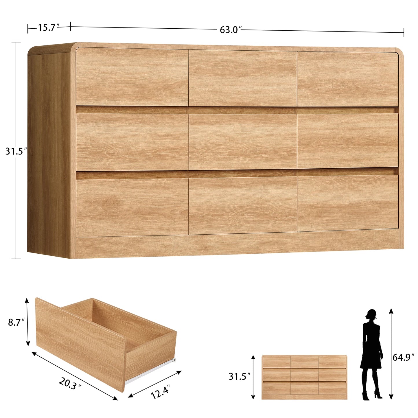 9 Drawer Dresser for Bedroom, 63" Wide Dressers & Chest of Drawers with Curved Profile Design, Wood Closet Storage Dressers Orga