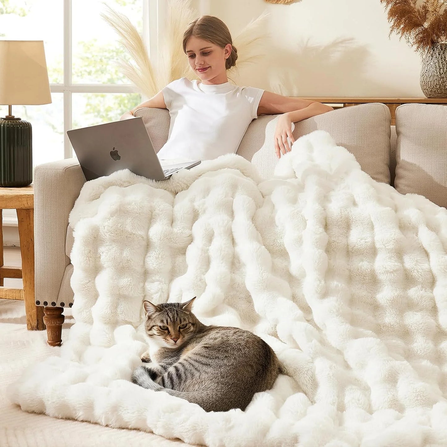 Soft Cozy Faux Fur Rabbit Blanket, Warm Thick for Bed Sofa Office, Elegant Home Decor, Perfect Gift, Durable and Versatile