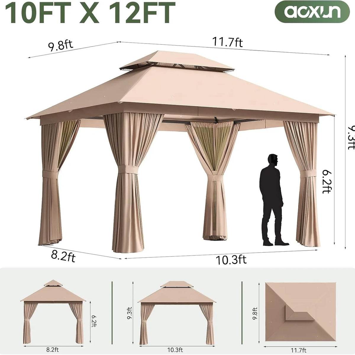 Aoxun Heavy Duty Double Roof Gazebo With Zipper Screen Curtain