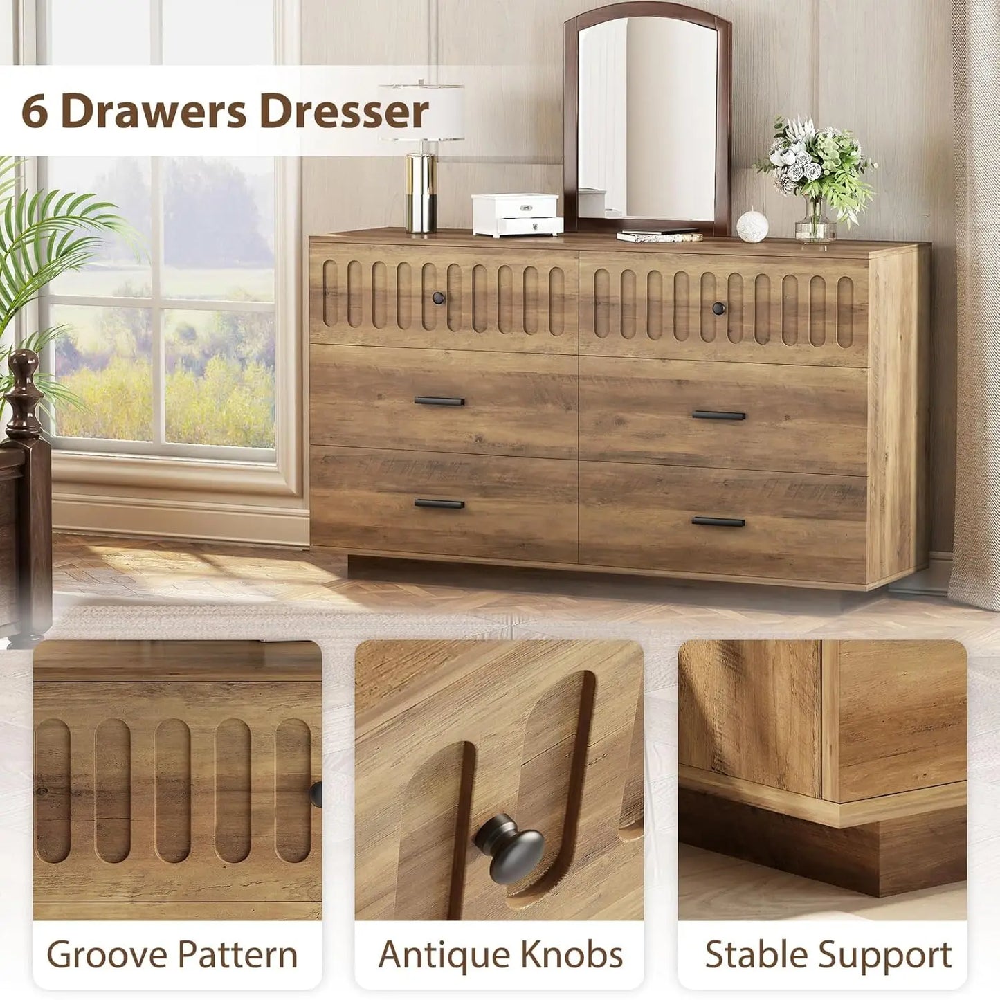 Farmhouse 6-Drawer Wood Dresser Fluted Anti-Tip Bedroom Living Room Hallway Entryway Nursery Rustic Oak, Customized