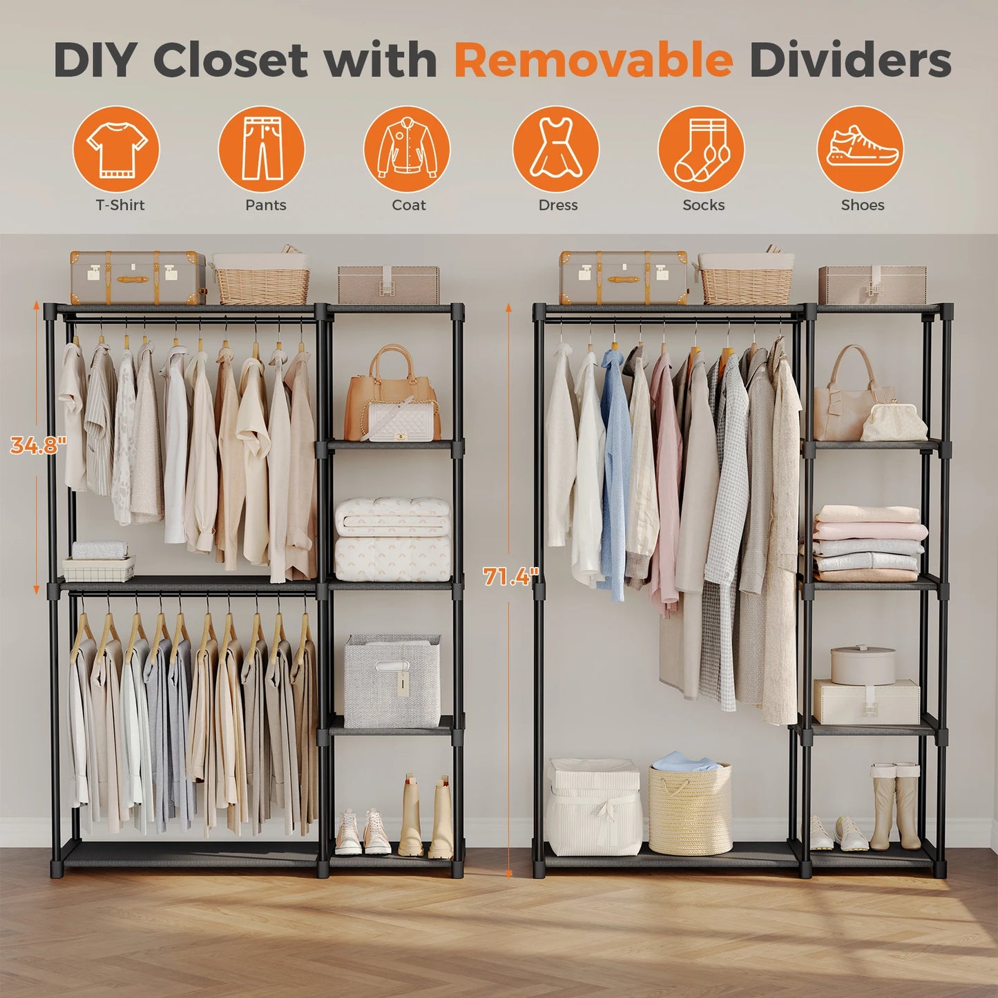 JHK 44IN to 49IN Portable Wardrobe Closet with Hanging Rods Clothing Rack with Shelves Mudroom Storage Organizer For Home