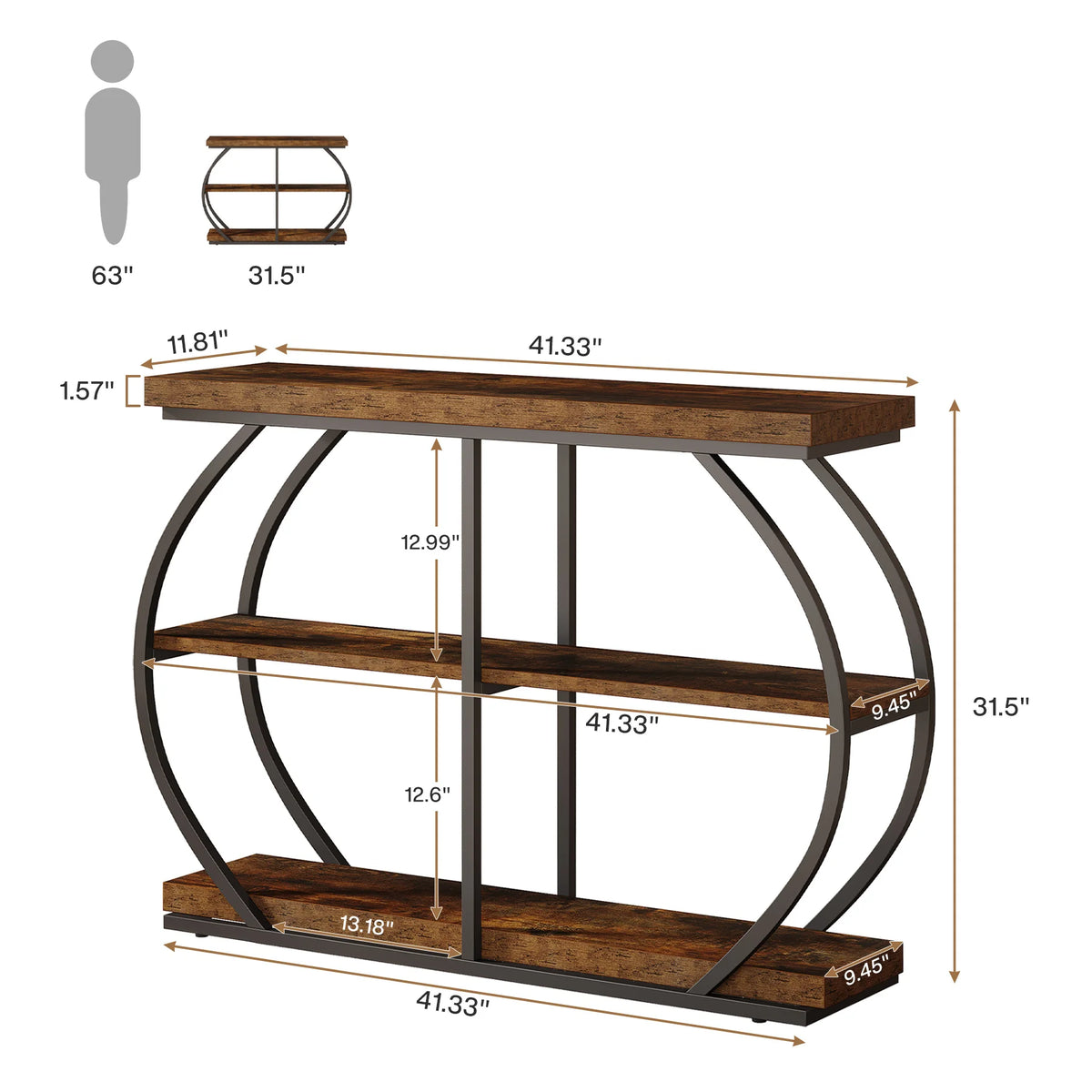 Tribesigns Industrial Console Table with Three Tier Storage Shelves