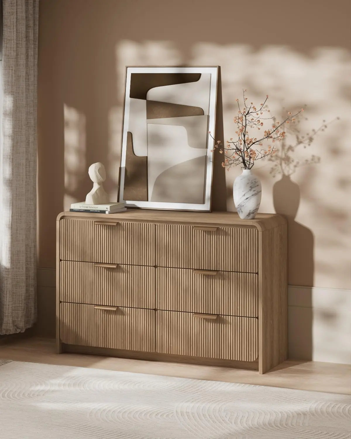 47" Fluted 6 Drawer Dresser Bedroom Curved Modern Wood Storage Organizer Light Walnut, Customized