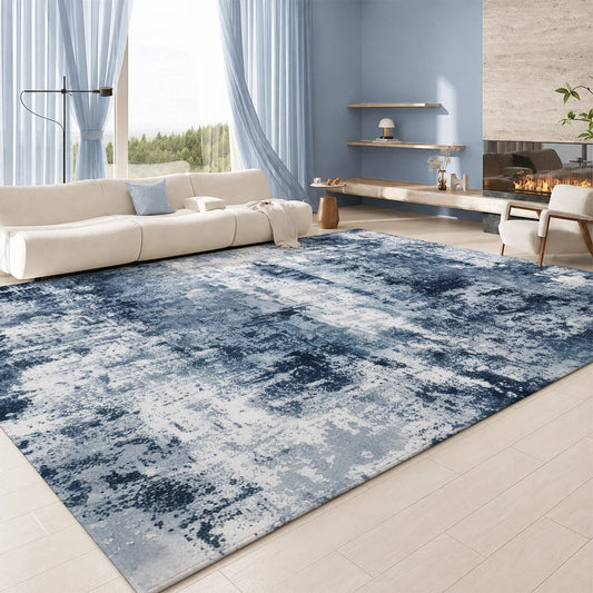Large Indoor Area Rug, Soft Velvet Low Pile Floor Rug with Non-Slip Dotted Backing, Machine Washable Abstract Blue White Art Pattern Rug for Living Room, Bedroom, Modern Home Decor