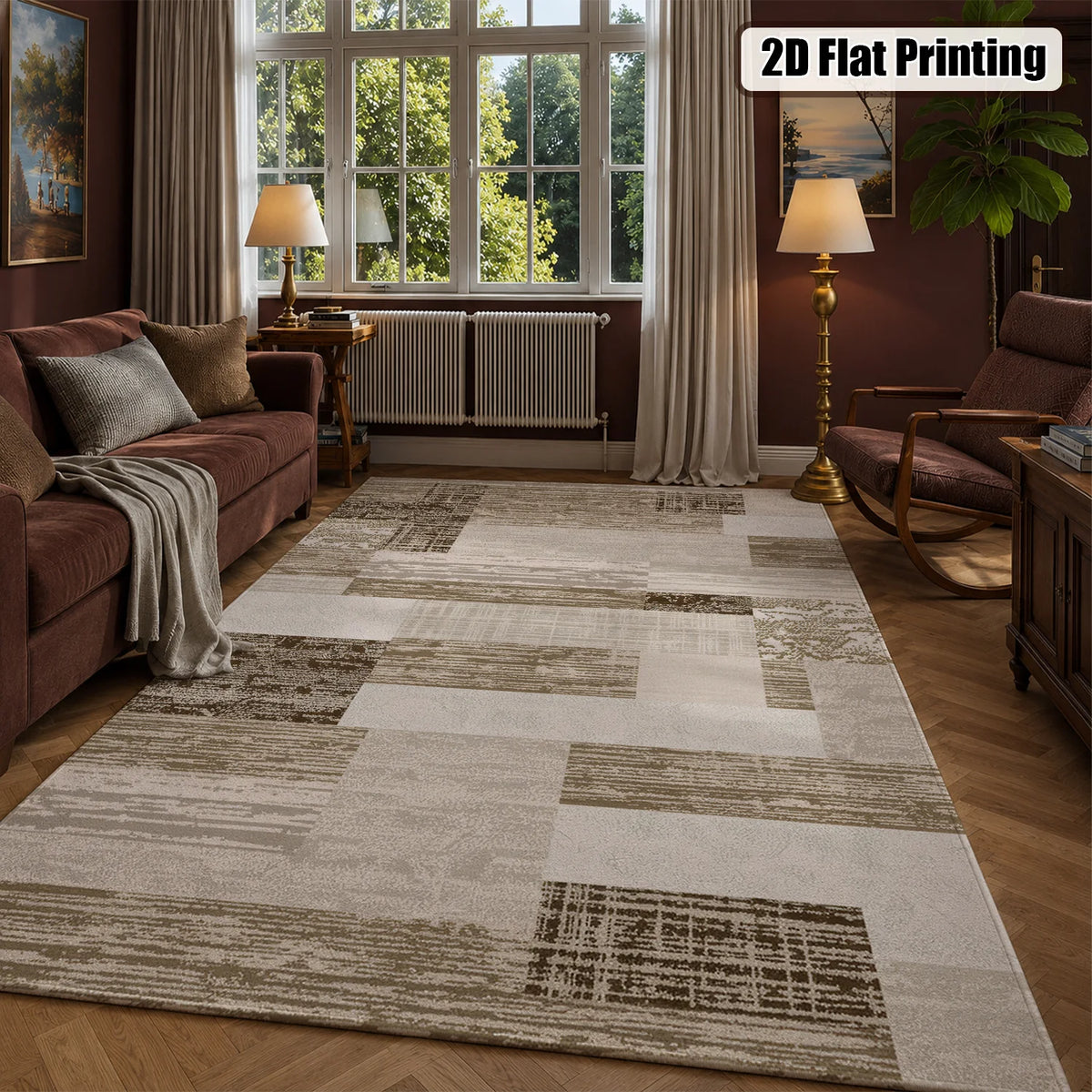 Large Indoor Area Rug, Soft Velvet Low Pile Rug with Non-Slip Dotted Backing, Machine Washable Neutral Wood Block Patchwork Floor Rug for Living Room and Bedroom