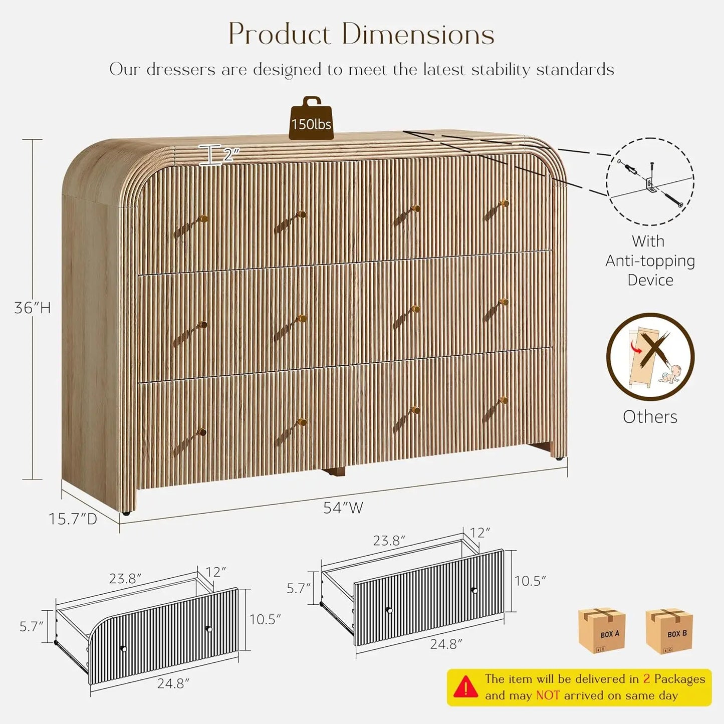 Fluted 6 Drawer Dresser Bedroom 54in Wide Curved Profile Wood TV Stand Living Room Hallway Oak, Customized