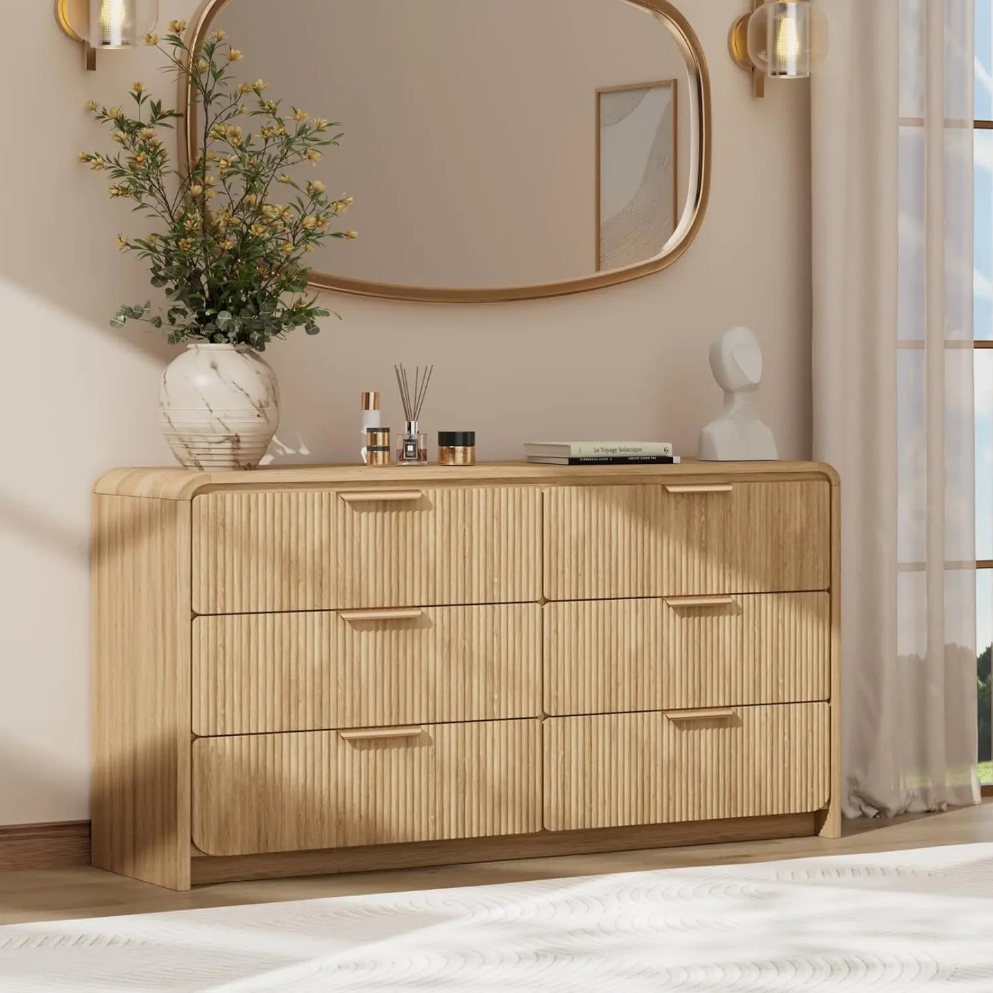 47" Fluted 6 Drawer Dresser Bedroom Curved Modern Wood Storage Organizer Light Walnut, Customized