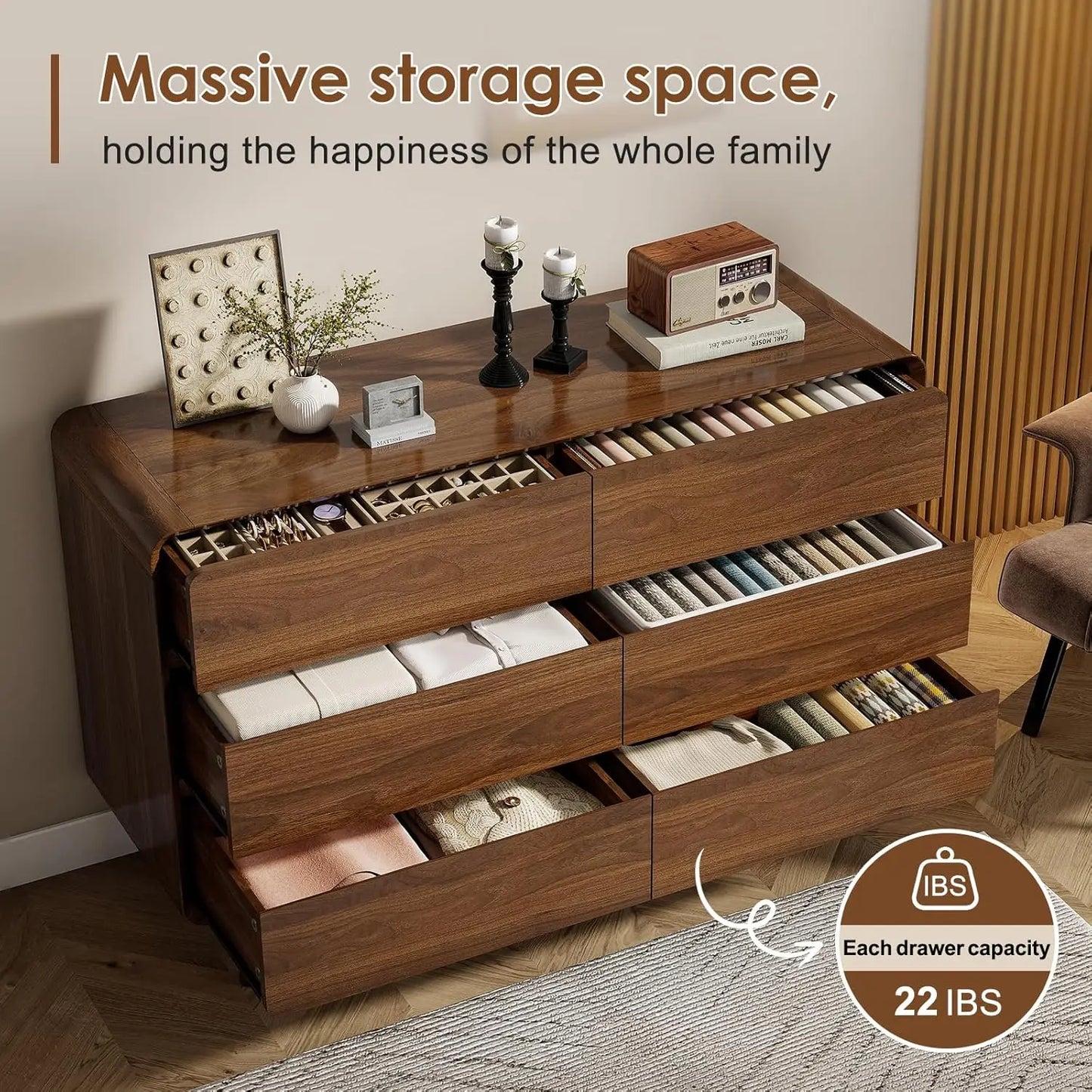6 Drawer Mid Century Modern Wood Dresser Storage for Bedroom Hallway Entryway Walnut, Customized