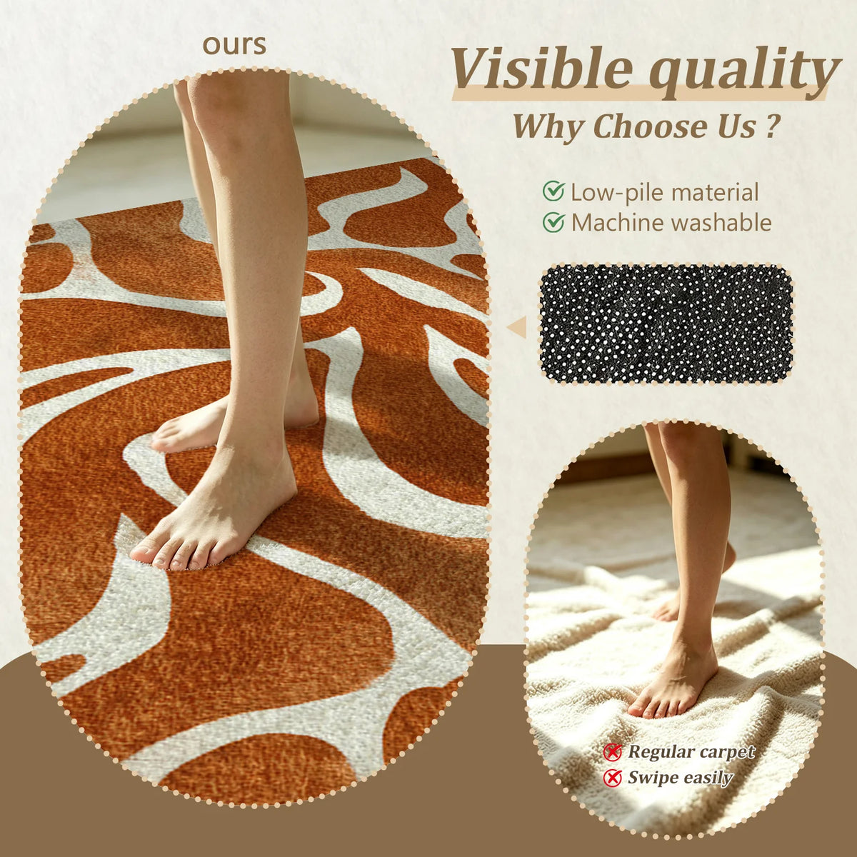 Large Indoor Area Rug, Soft Velvet Low Pile Floor Rug with Non-Slip Dotted Backing, Machine Washable Warm Terracotta Abstract Organic Pattern for Living Room, Bedroom, Entryway