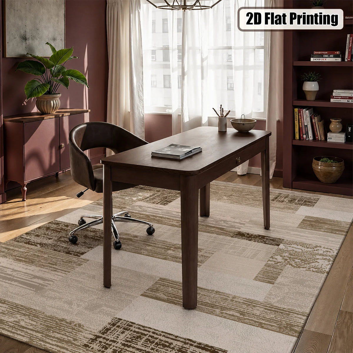Large Indoor Area Rug, Soft Velvet Low Pile Rug with Non-Slip Dotted Backing, Machine Washable Neutral Wood Block Patchwork Floor Rug for Living Room and Bedroom