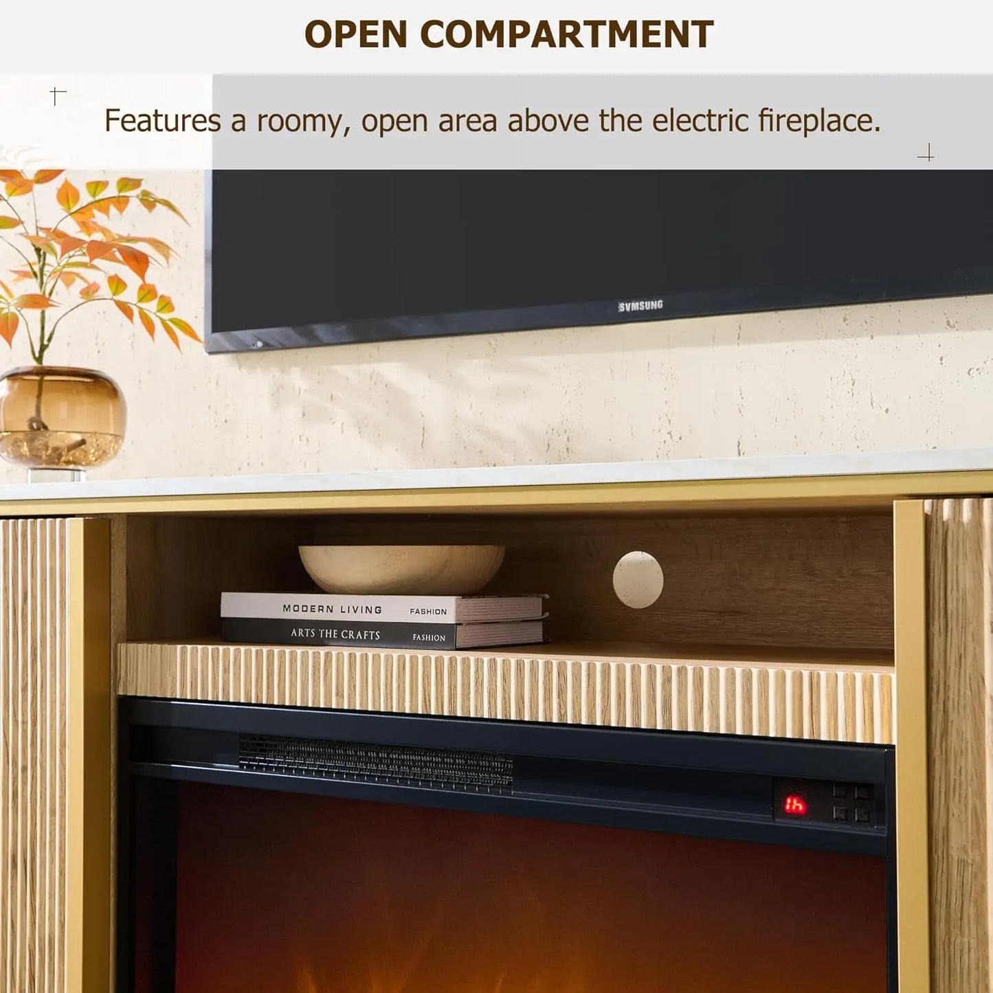 Fluted Fireplace TV Stand With Faux Marble Modern Curved Console