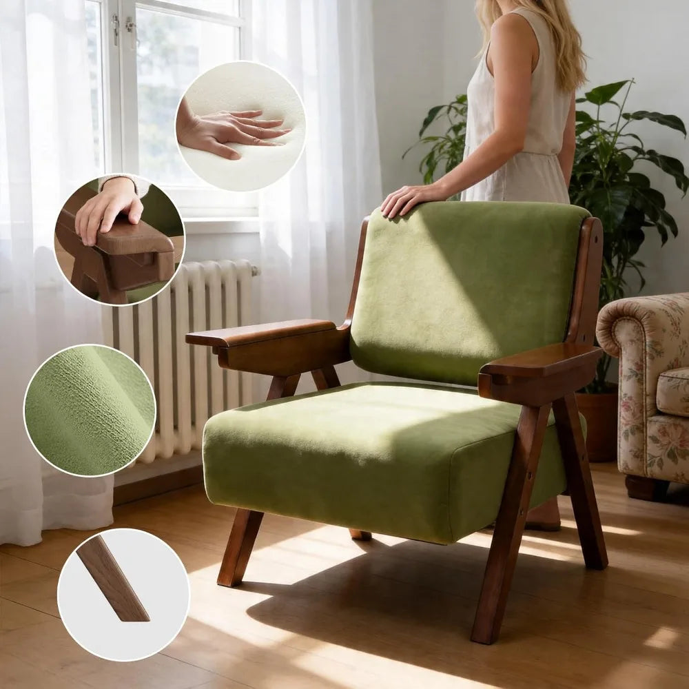 Accent Chair, Mid-Century Modern Velvet Upholstered Lounge Chair with Solid Wood Arms and Thick Cushion, Customized