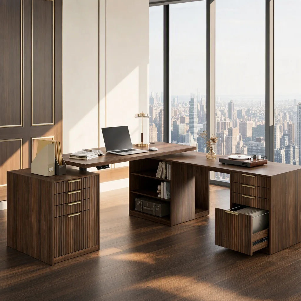 L Shaped Electric Standing Desk, 81'' x 68" Executive Height Adjustable Desk with Drawers and File Cabinet, AC/USB, Fluted Computer Desk with Storage Shelves for Home Office