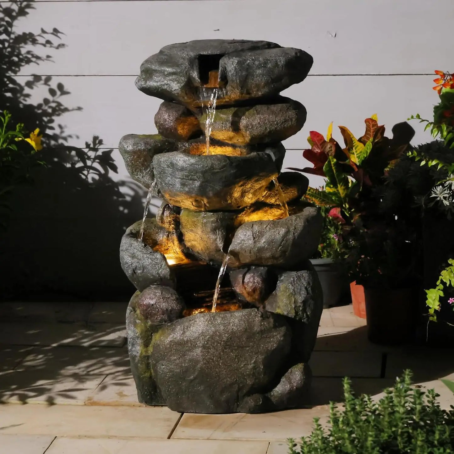 5-Tier Tree Trunk Outdoor Water Fountain LED Garden Decor