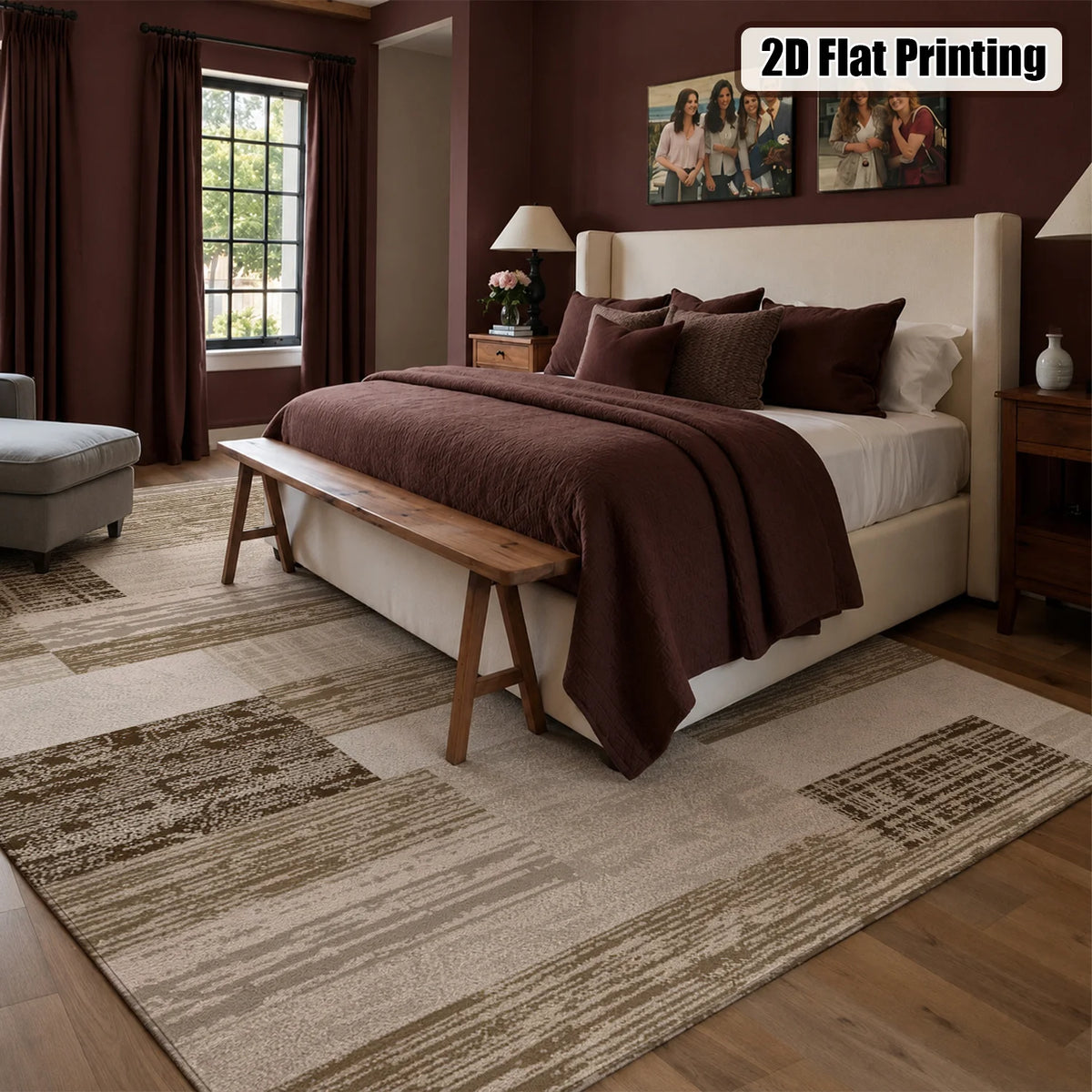Large Indoor Area Rug, Soft Velvet Low Pile Rug with Non-Slip Dotted Backing, Machine Washable Neutral Wood Block Patchwork Floor Rug for Living Room and Bedroom