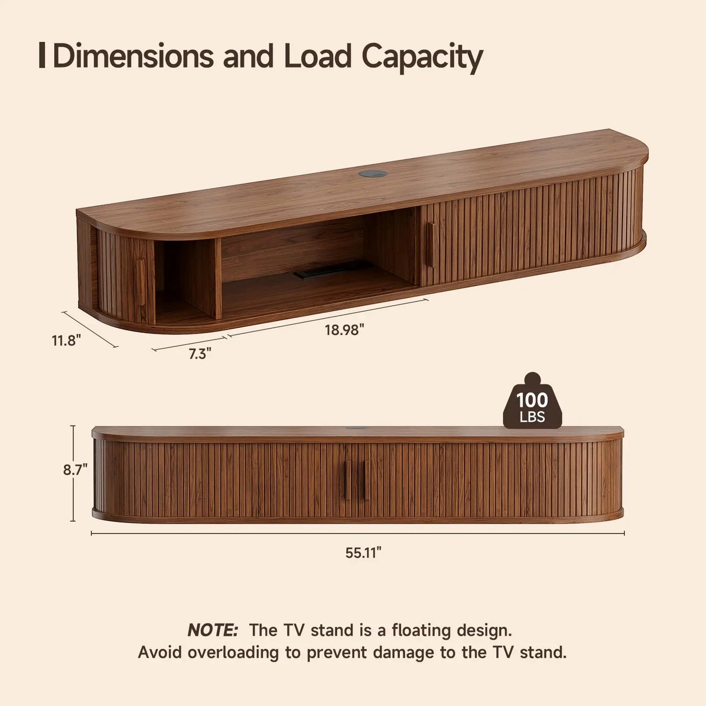 Floating TV Stand with Power Outlet for TVs up to 95 Inch, Wall Mounted TV Stand with LED Lights and Remote, Fluted Entertainment Center, Mid Century Modern TV Console Media Storage Cabinet with Sliding Door, Black