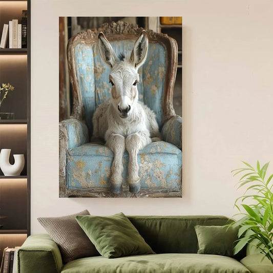 Framed 1pc, With A Frame Measuring , Featuring A Charming Donkey Resting On A Blue Chair, Whimsical Farmhouse Animal Canvas Art