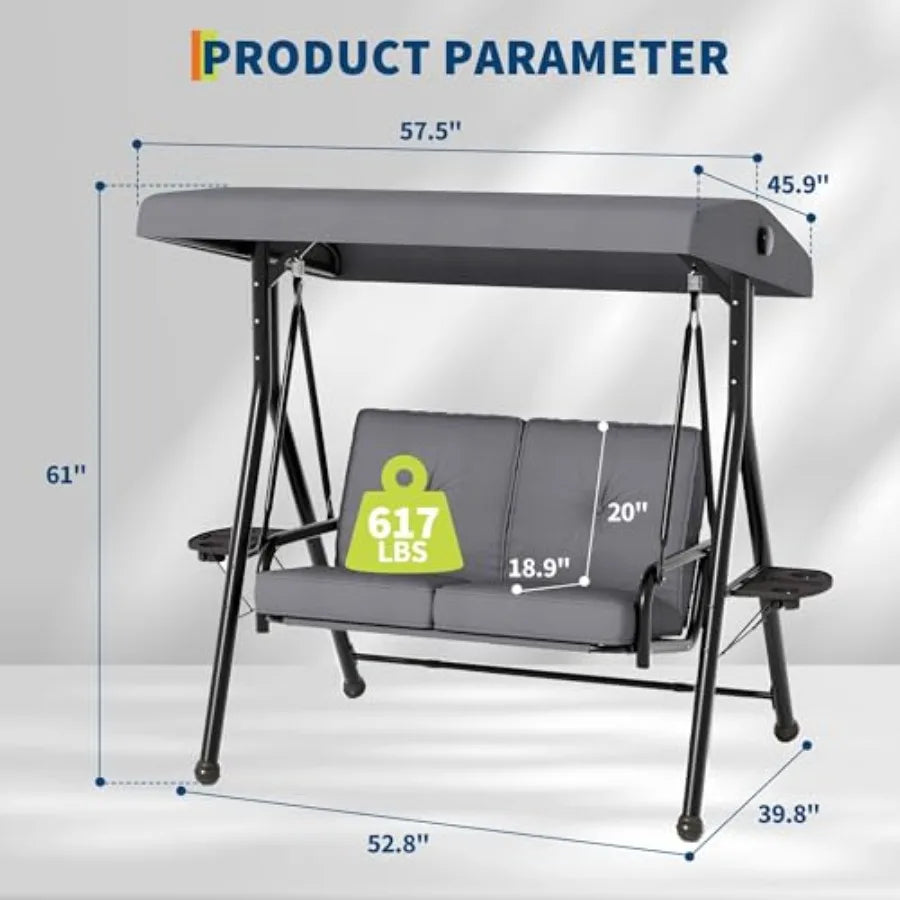 2 Seat Outdoor Porch Swing, 2-in-1 Patio Swing Chair with Thickened Removable Cushions, Adjustable Canopy ＆ Cup Holders, Outdoo
