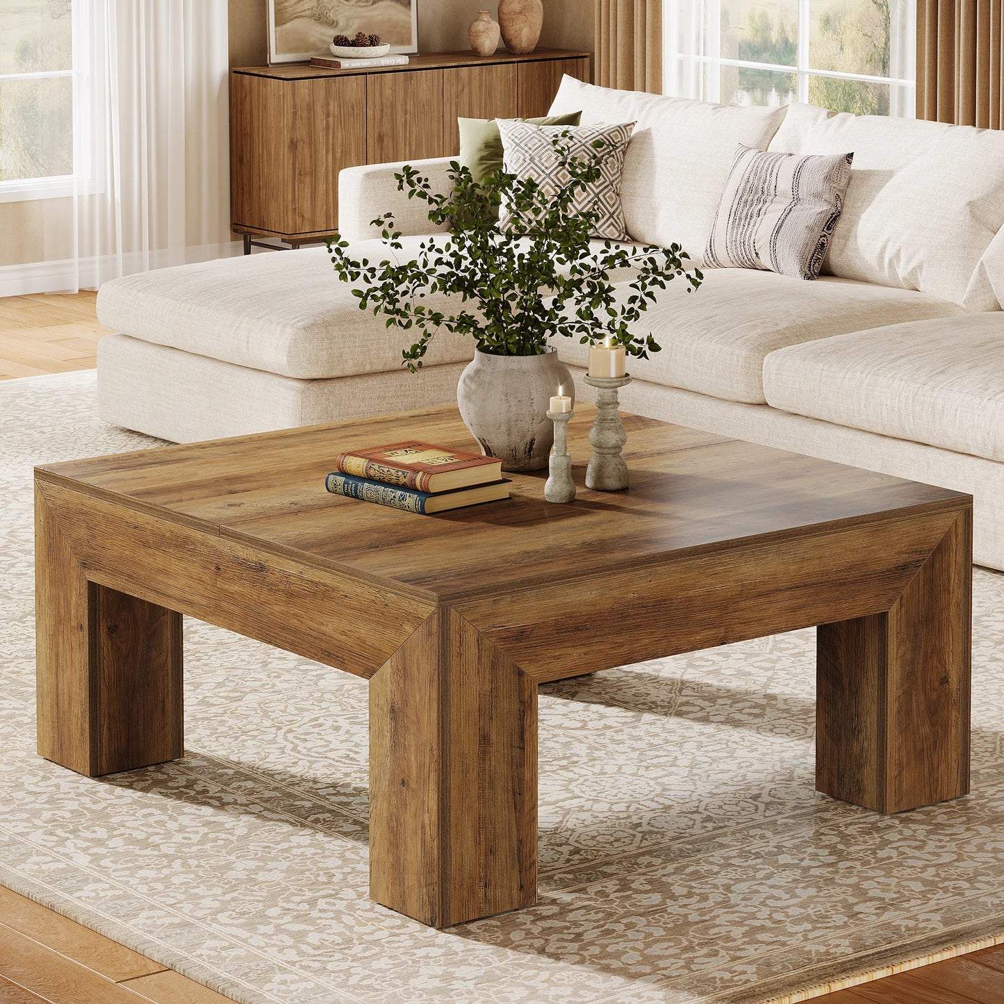 Tribesigns 39.4-Inch Square Coffee Table for Living Room, Farmhouse All MDF Accent Center Cocktail Table with Sturdy Wooden Legs