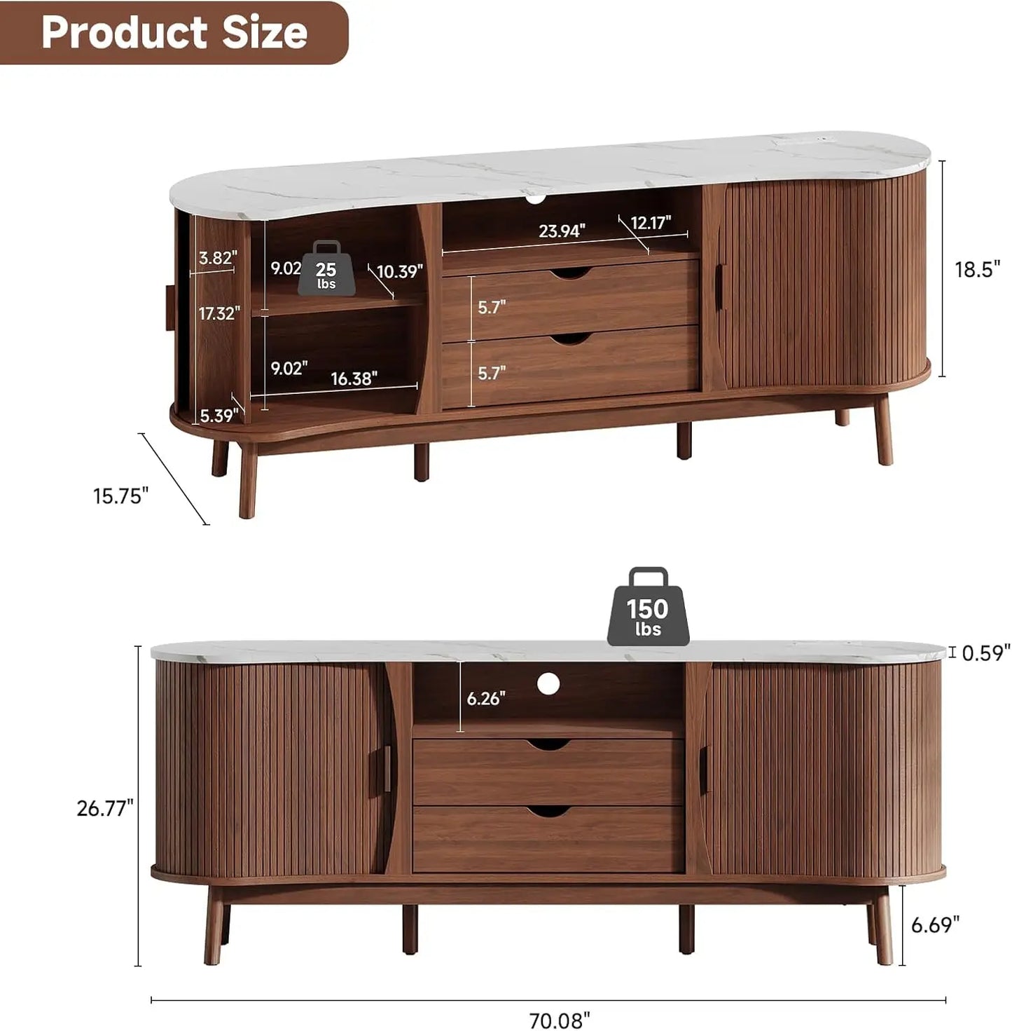 70-inch Fluted TV Stand Entertainment Center for TVs up to 80", Mid-Century Modern Bean-Shaped Console with USB/Outlet, LED Lights & Storage - for Living Room, Bedroom (Black/Walnut)