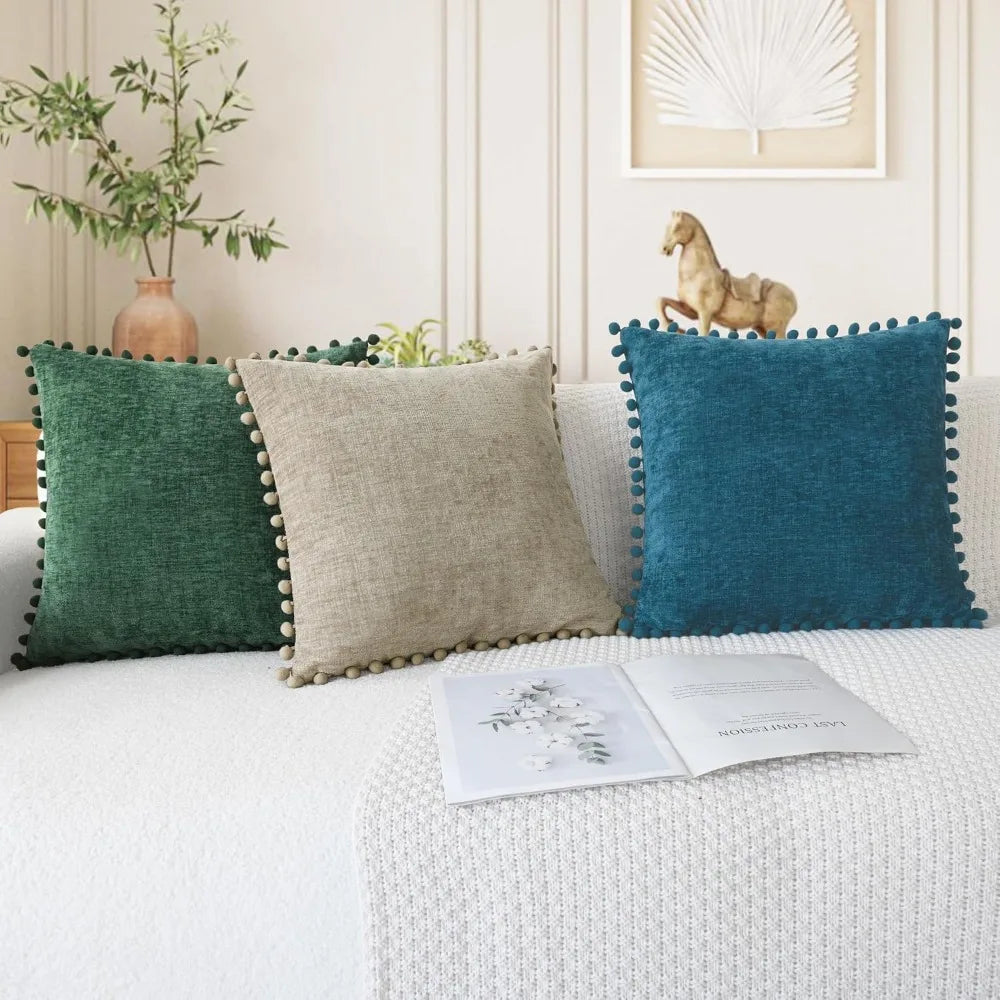 Cozy Chenille Throw Pillow Covers 20x12 Inch Set of 2 with Pom Poms for Couch Sofa Bed Taupe