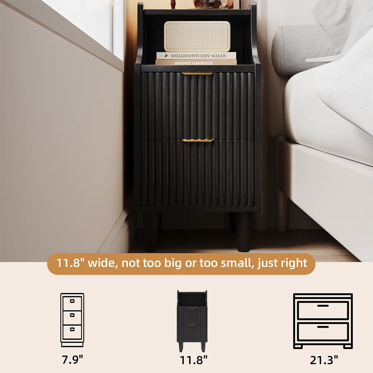 Set of 2, Narrow Nightstand with 2 Drawers, Slim Bedside Table | 11.81"W Modern Nightstand with Open Shelf , Space Saving Storage Cabinet for Bedroom and Study