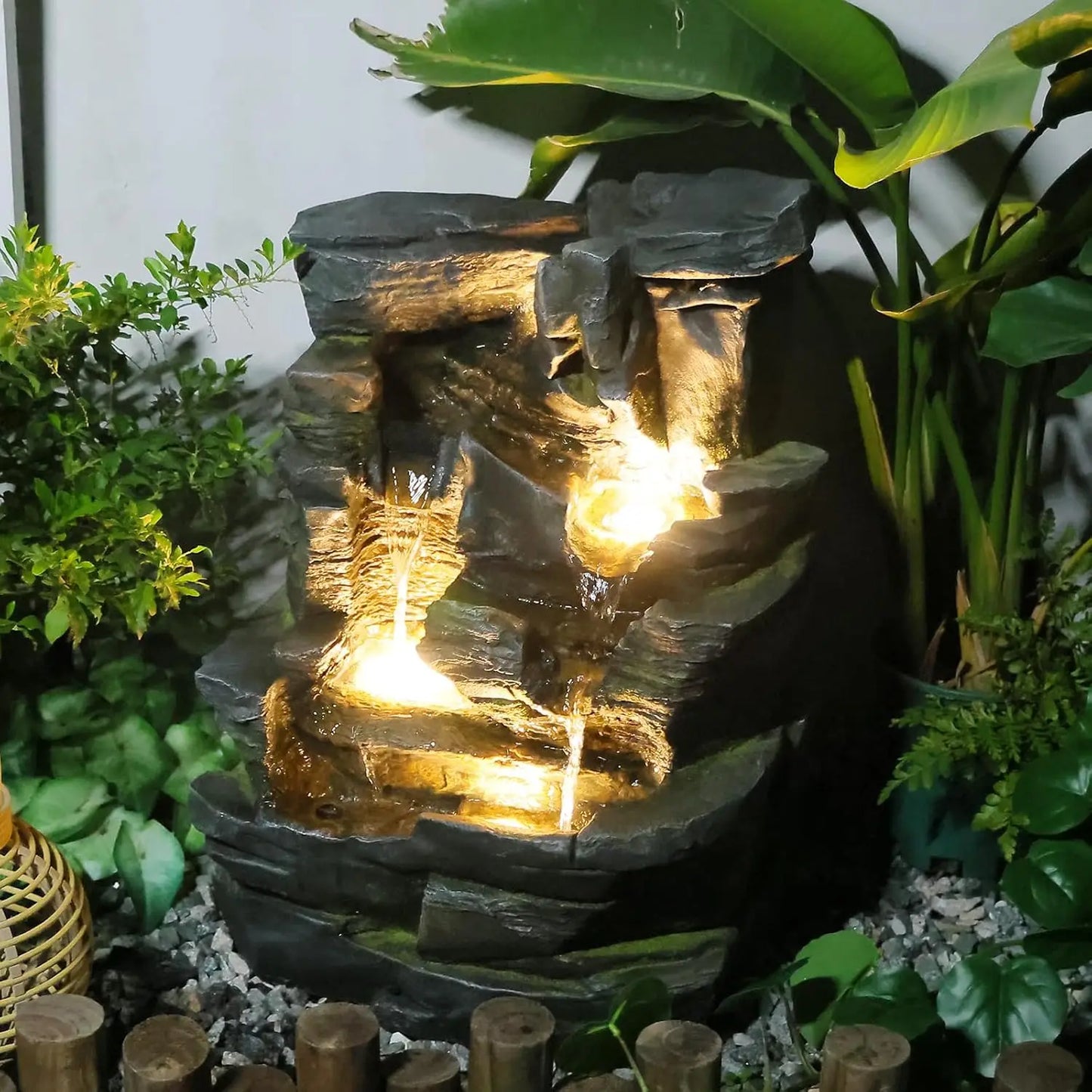 5-Tier Tree Trunk Outdoor Water Fountain LED Garden Decor