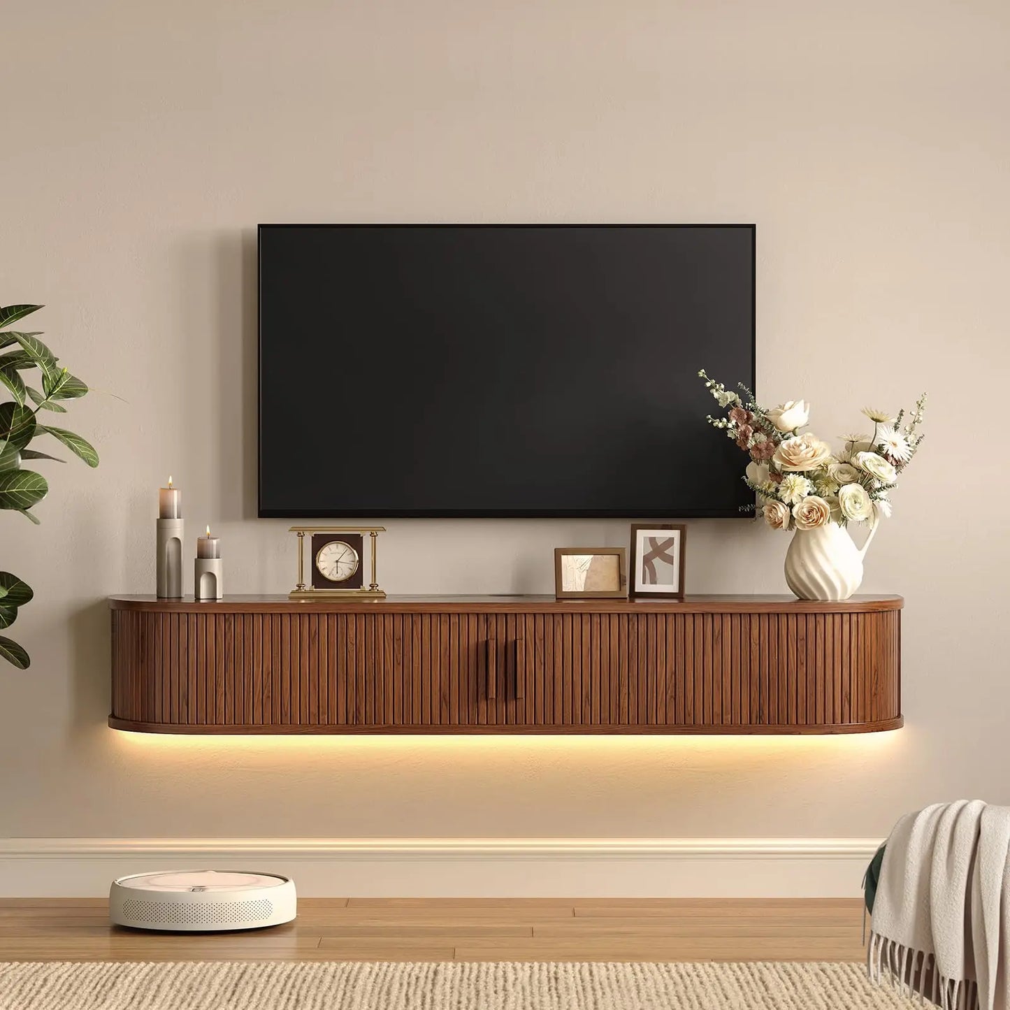 Floating TV Stand with Power Outlet for TVs up to 95 Inch, Wall Mounted TV Stand with LED Lights and Remote, Fluted Entertainment Center, Mid Century Modern TV Console Media Storage Cabinet with Sliding Door, Black