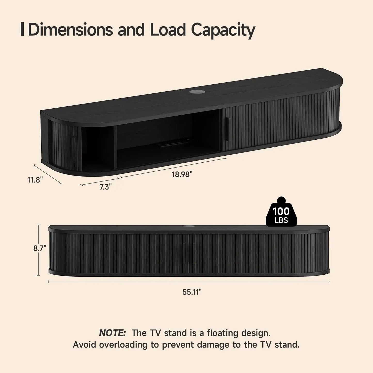 Floating TV Stand with Power Outlet for TVs up to 95 Inch, Wall Mounted TV Stand with LED Lights and Remote, Fluted Entertainment Center, Mid Century Modern TV Console Media Storage Cabinet with Sliding Door, Black