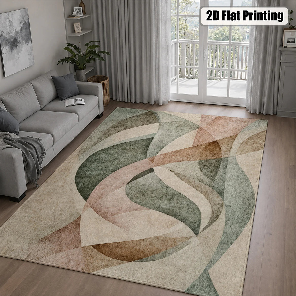 Large Indoor Area Rug, Soft Velvet Low Pile Non-Slip Dotted Backing Machine Washable, Modern Abstract Curved Pattern Rug for Living Room Bedroom, Muted Sage Blush Beige Earth Tones