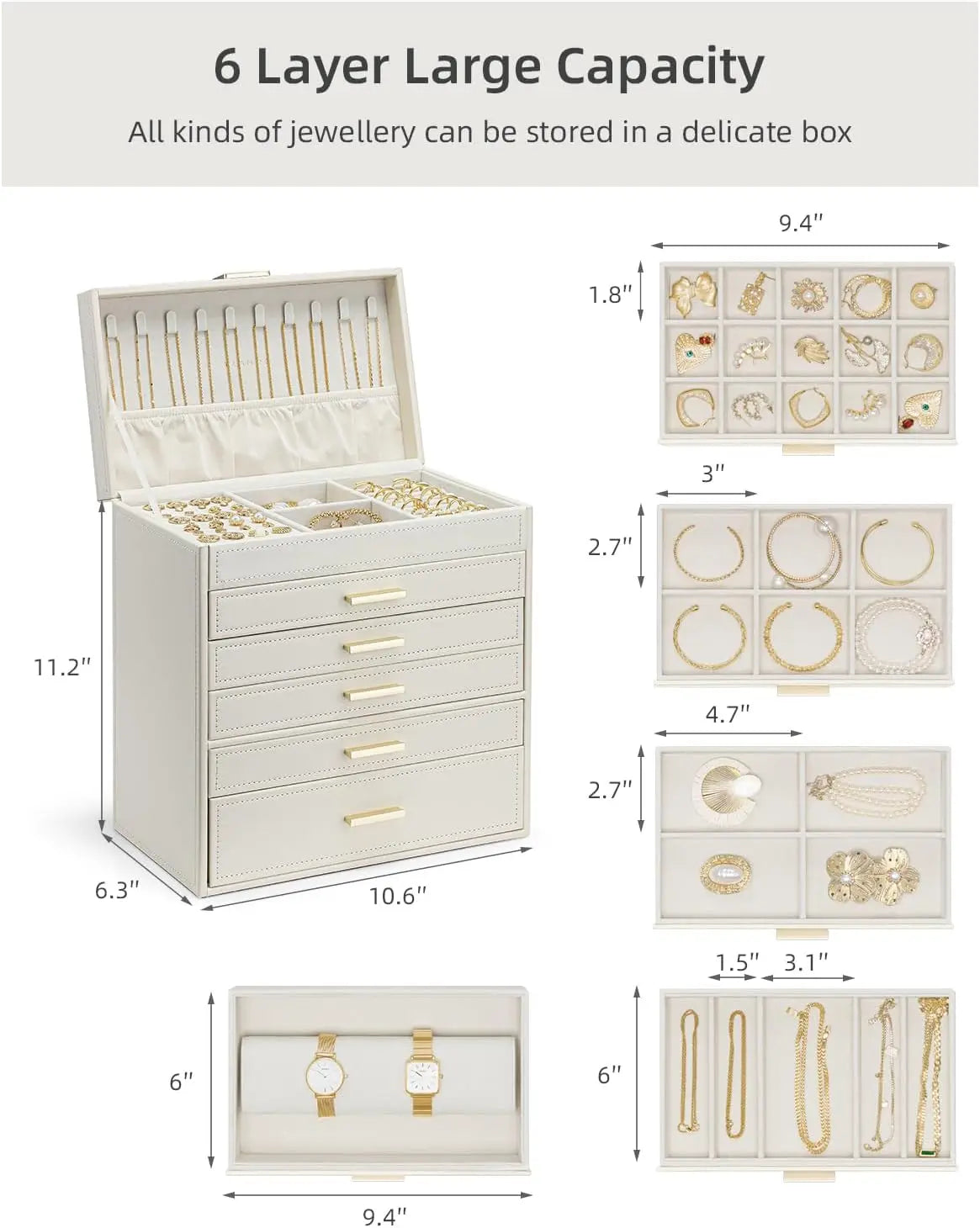 LUNEVA Store VLANDO 6 Layer Large Jewelry Box - Jewelry Holder Organizer, Jewelry Box Organizer for Drawer Necklace Ring Bracelet and Watch, Birthday Gift for Loved Ones - Beige