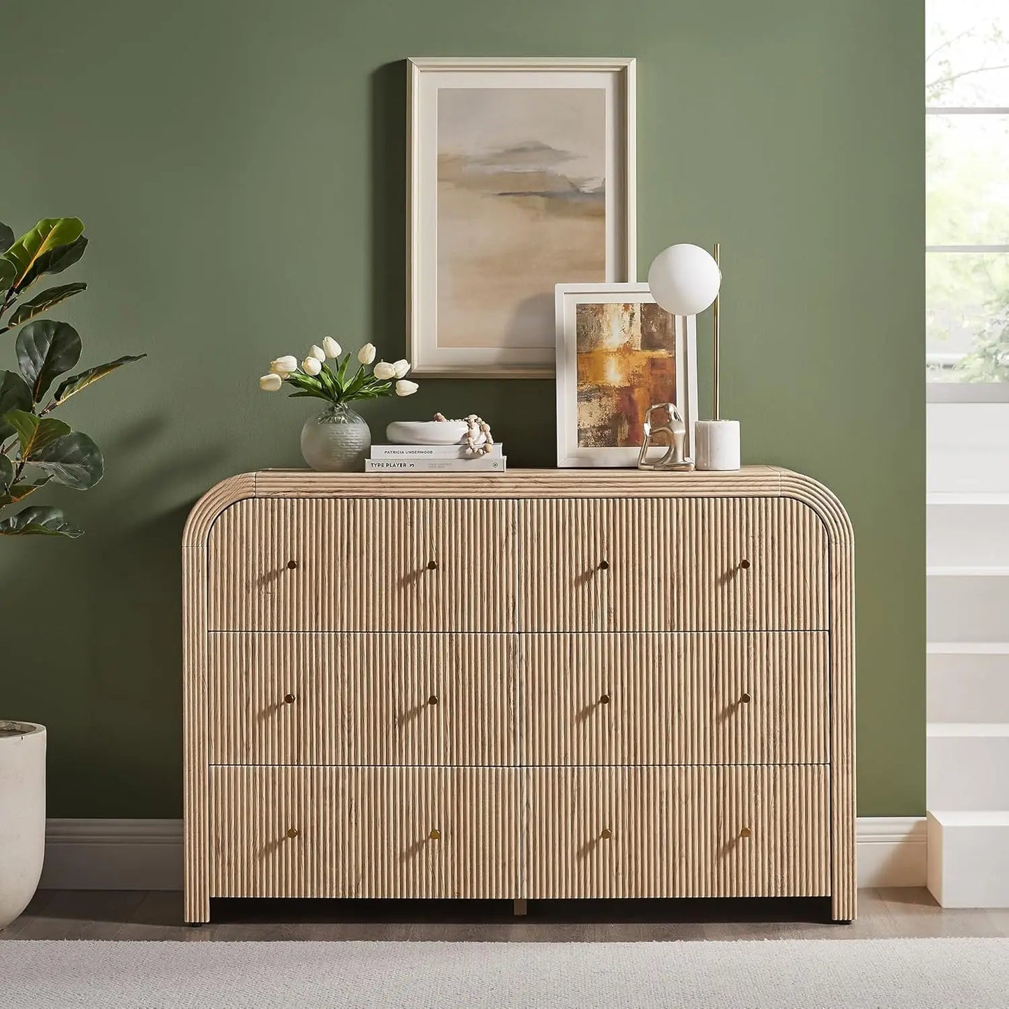 Fluted 6 Drawer Dresser Bedroom 54in Wide Curved Profile Wood TV Stand Living Room Hallway Oak, Customized