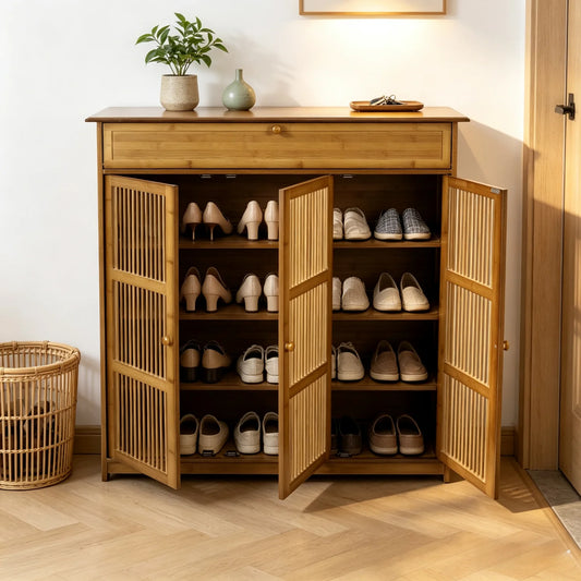 4 Tier Shelves Shoe Storage Cabinet Shoes Rack with 3 Hollow Doors Shoe Organizer Cabinet for Entryway Closet Hallway