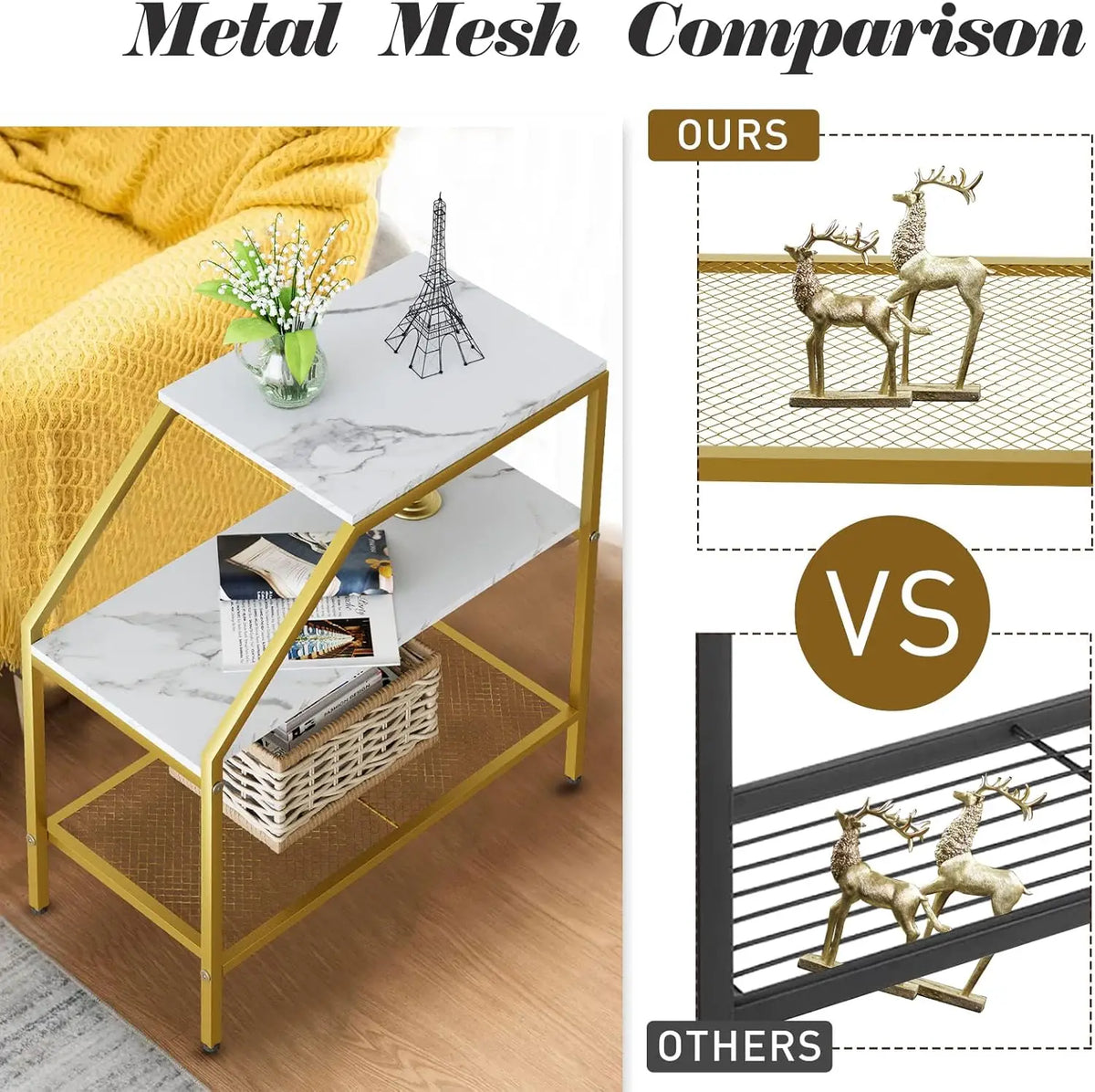 Wolawu End Table 3 Tiers 2pcs White Marble Wood Nightstand with Storage Ladder Shelf,Industrial Sofa Side Table for Small Space, Modern Trapezoid Plant Stand in Living Room Bedroom,Gold Metal Frame