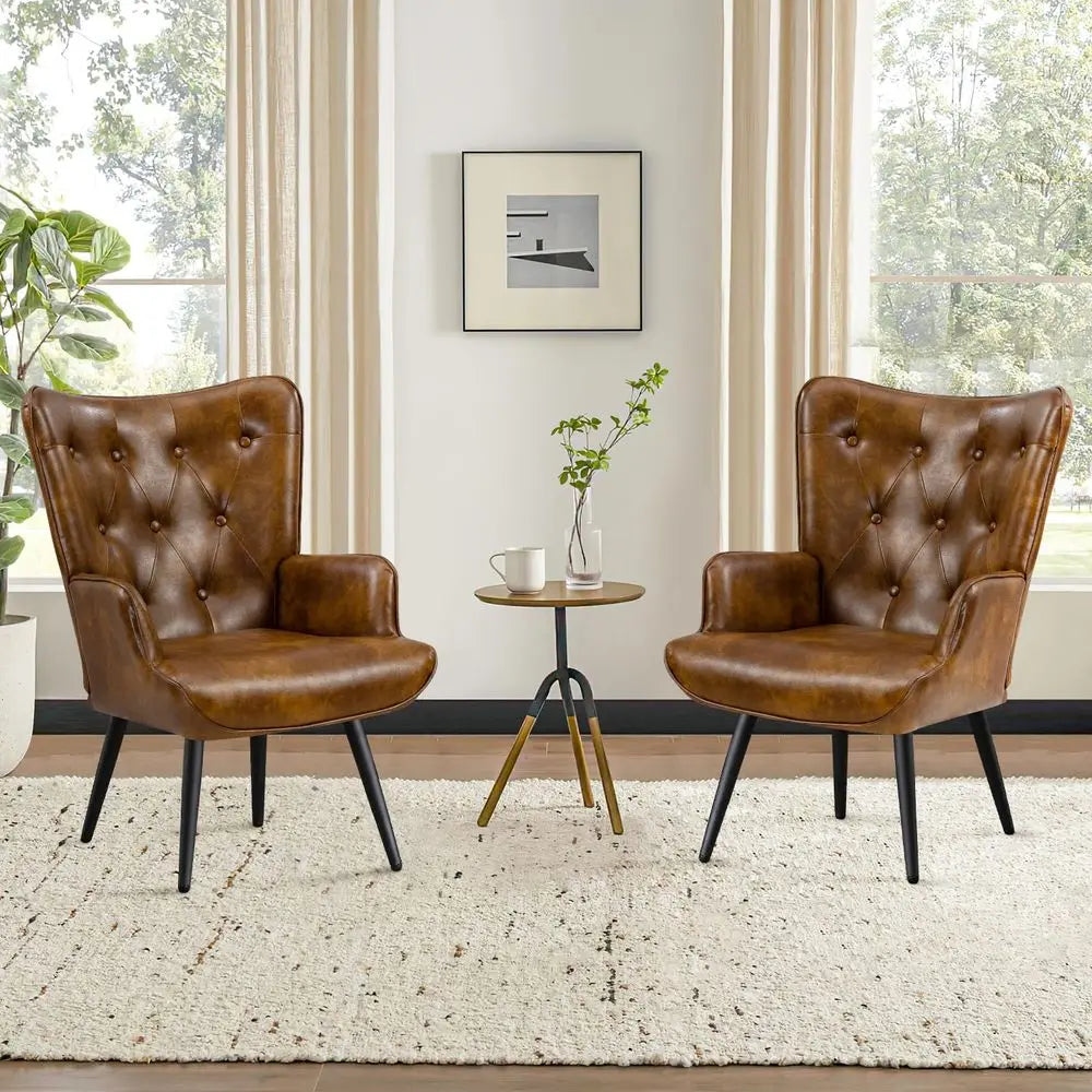 PU Leather Accent Chair for Living Room, Upholstered Reading Chair with High Backrest, TuftedButton Wingback Armchair for Bedro