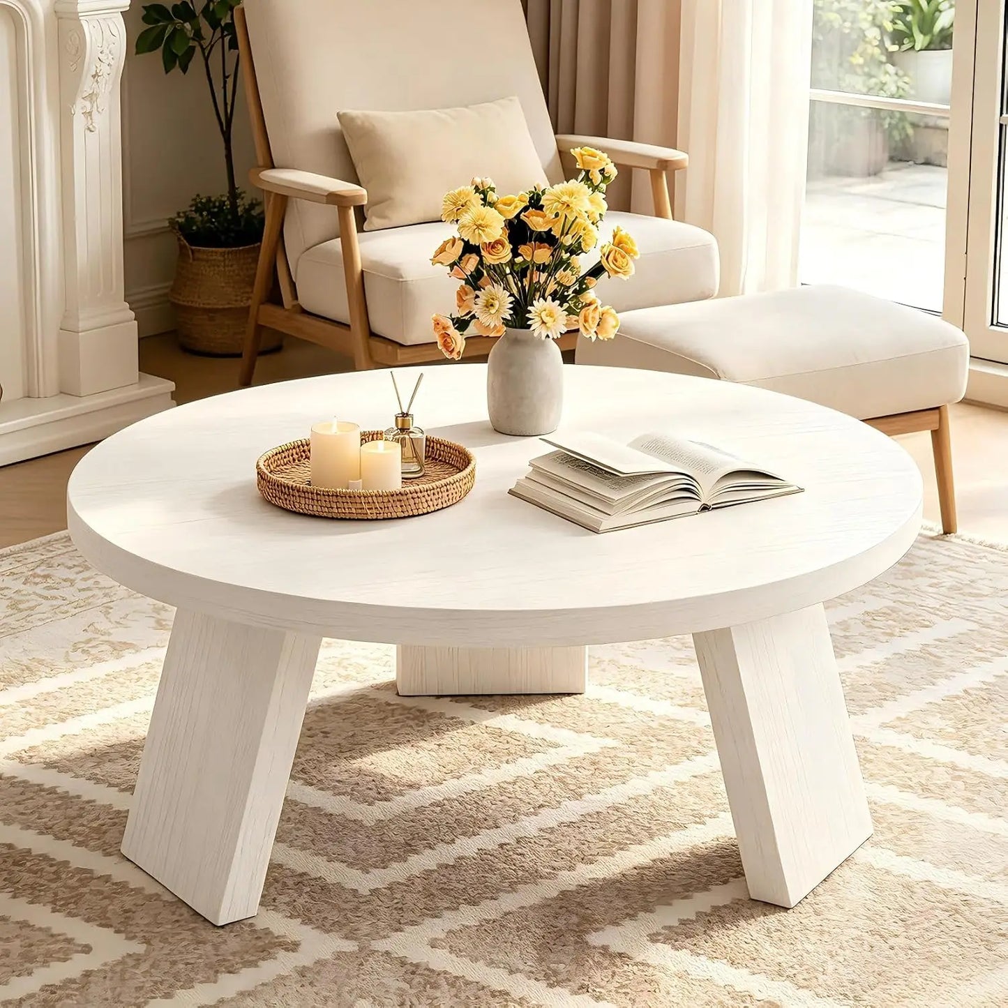 33.5 Inch Round Coffee Table For Living Room, Modern Center Table With Wood Grain Top and Angled Legs For Apartment