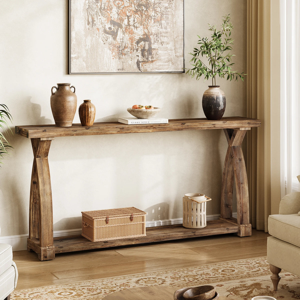 Tribesigns Farmhouse Solid Wood Console Table With Two Tier Storage