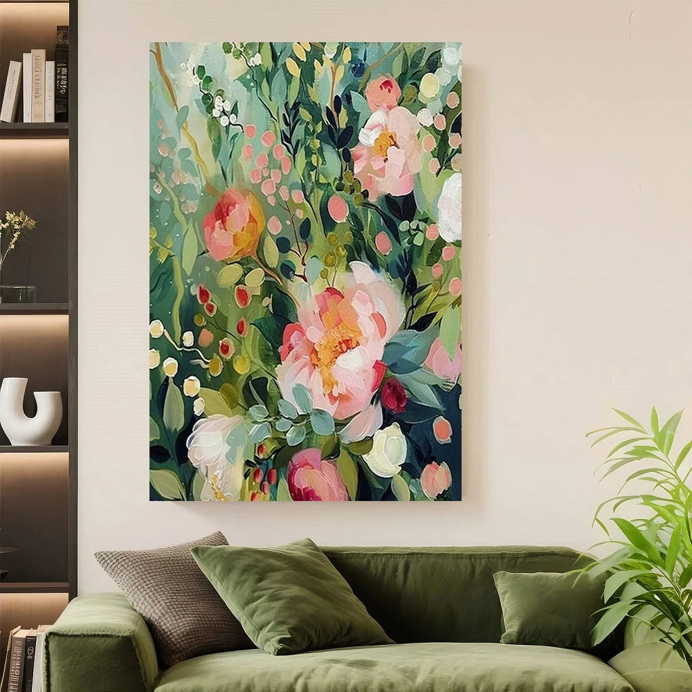 Framed Art Deco Bohemian Floral Canvas Painting With Wood Frame