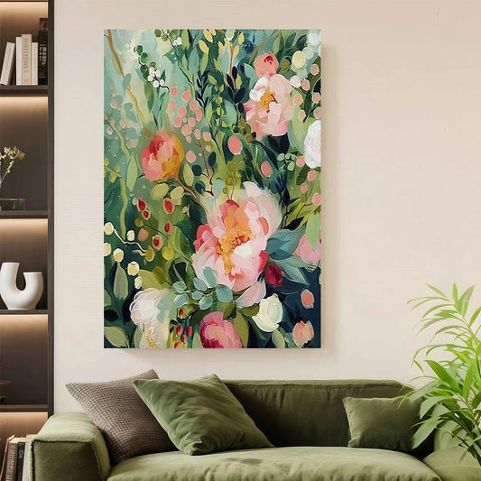 Framed Art Deco Bohemian Floral Canvas Painting With Wood Frame