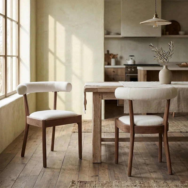 Set of 2 Linen Dining Room Side Chairs with Curved Open Upholstered Back,White