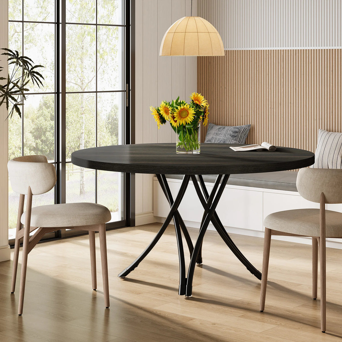 Tribesigns Round Wood Dining Kitchen Table with Sturdy Metal Base